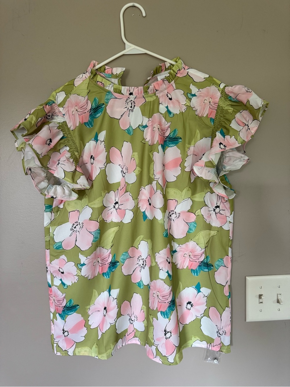 Mod Boutique Olive Green Floral Ruffle Neck Blouse